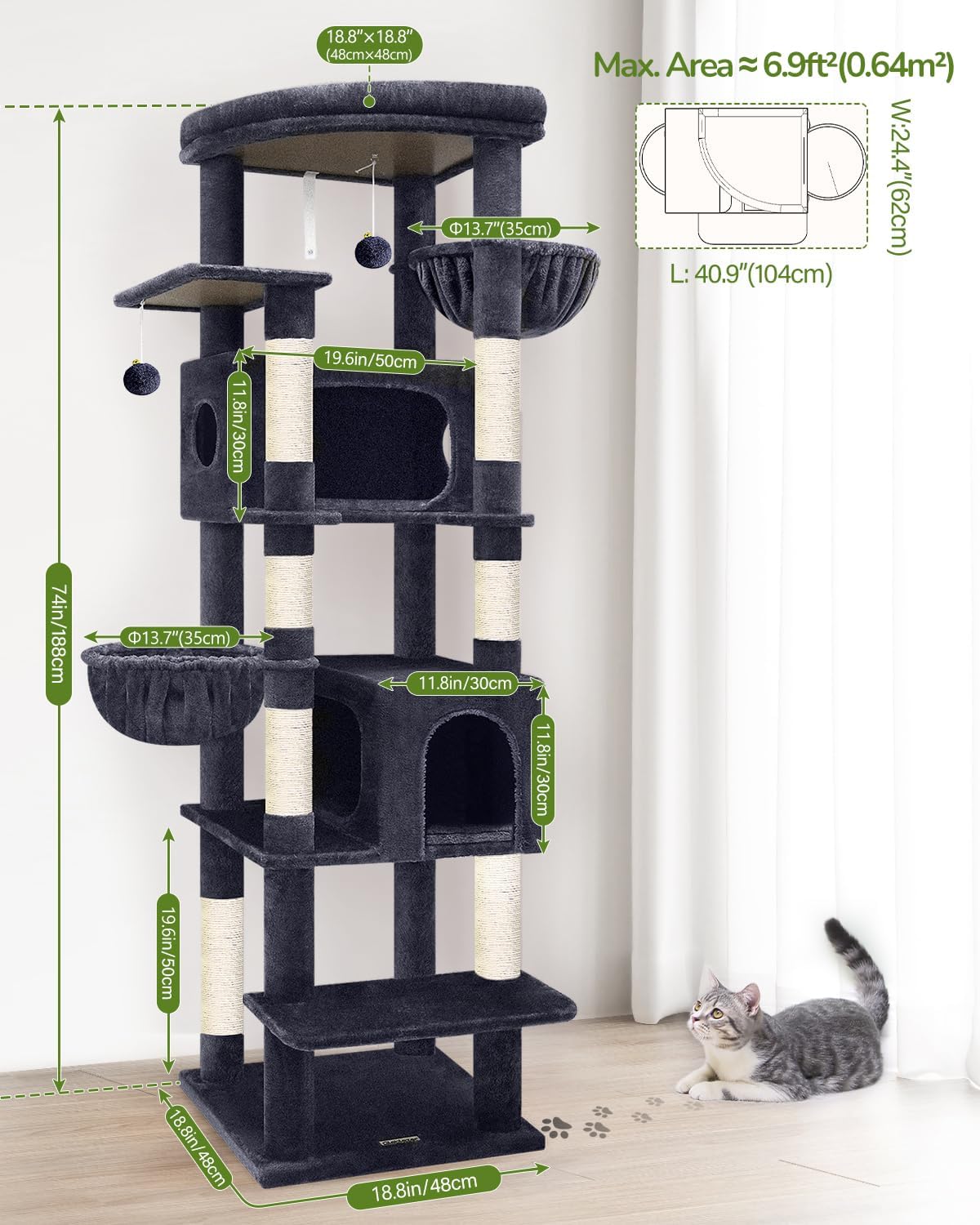 Cactus Heavy Duty Cat Tree, 74in Tall Sturdy Cat Tower for Large Cats Adult Big Cat Tree with 7 Scratching Posts, 2 Padded Spacious Condos, 2 Hanging Baskets, Enlarged Top Perch, S74, Green