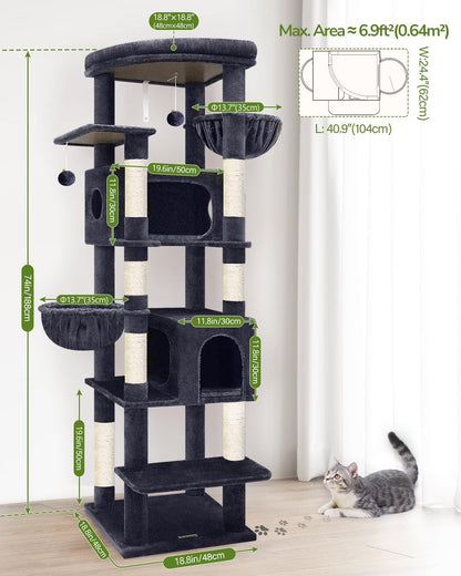 Cactus Heavy Duty Cat Tree, 74in Tall Sturdy Cat Tower for Large Cats Adult Big Cat Tree with 7 Scratching Posts, 2 Padded Spacious Condos, 2 Hanging Baskets, Enlarged Top Perch, S74, Green