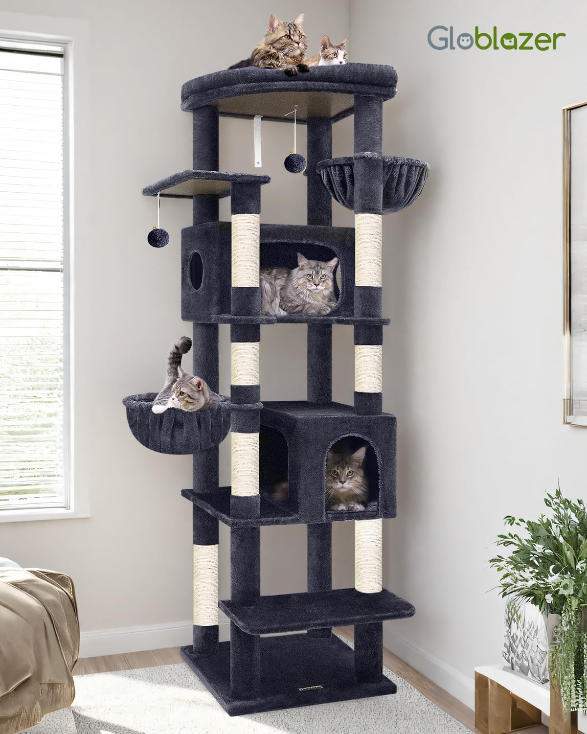 Cactus Heavy Duty Cat Tree, 74in Tall Sturdy Cat Tower for Large Cats Adult Big Cat Tree with 7 Scratching Posts, 2 Padded Spacious Condos, 2 Hanging Baskets, Enlarged Top Perch, S74, Green