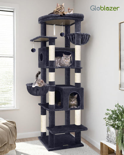 Cactus Heavy Duty Cat Tree, 74in Tall Sturdy Cat Tower for Large Cats Adult Big Cat Tree with 7 Scratching Posts, 2 Padded Spacious Condos, 2 Hanging Baskets, Enlarged Top Perch, S74, Green