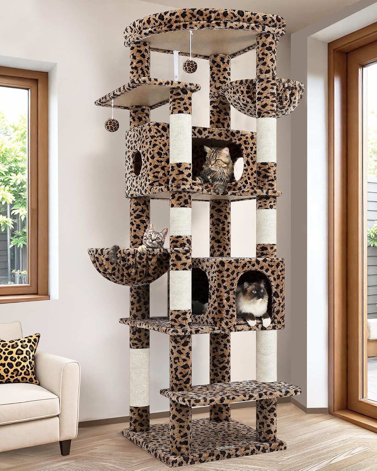 Cactus Heavy Duty Cat Tree, 74in Tall Sturdy Cat Tower for Large Cats Adult Big Cat Tree with 7 Scratching Posts, 2 Padded Spacious Condos, 2 Hanging Baskets, Enlarged Top Perch, S74, Green