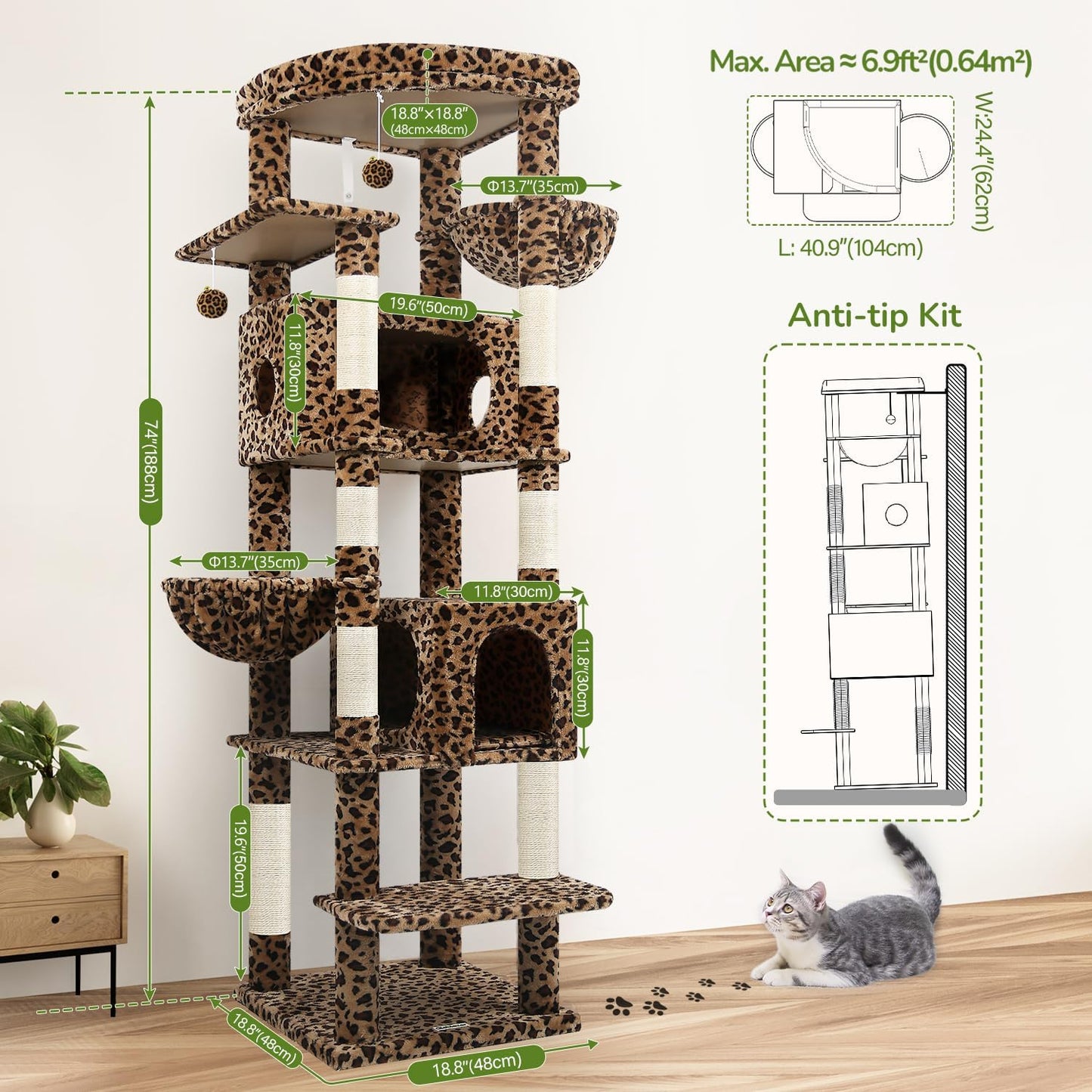 Cactus Heavy Duty Cat Tree, 74in Tall Sturdy Cat Tower for Large Cats Adult Big Cat Tree with 7 Scratching Posts, 2 Padded Spacious Condos, 2 Hanging Baskets, Enlarged Top Perch, S74, Green