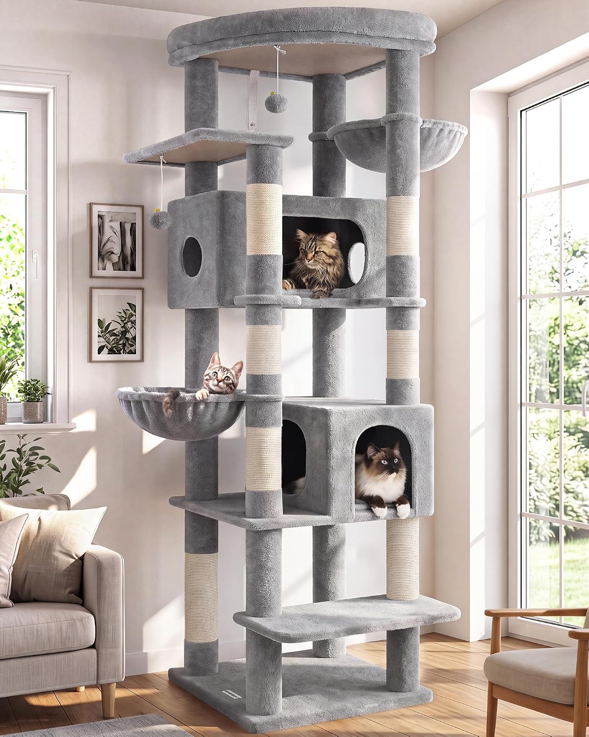 Cactus Heavy Duty Cat Tree, 74in Tall Sturdy Cat Tower for Large Cats Adult Big Cat Tree with 7 Scratching Posts, 2 Padded Spacious Condos, 2 Hanging Baskets, Enlarged Top Perch, S74, Green