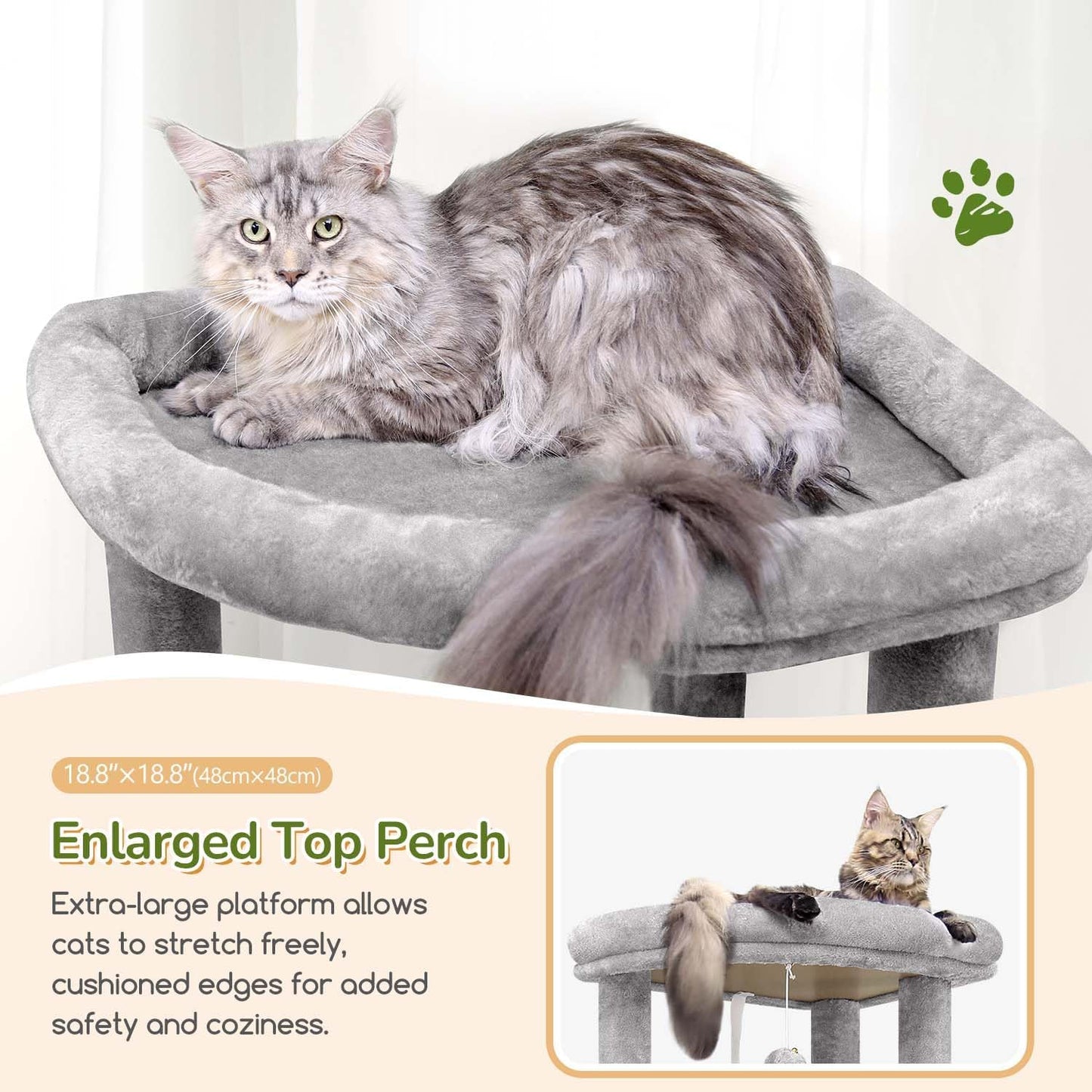 Cactus Heavy Duty Cat Tree, 74in Tall Sturdy Cat Tower for Large Cats Adult Big Cat Tree with 7 Scratching Posts, 2 Padded Spacious Condos, 2 Hanging Baskets, Enlarged Top Perch, S74, Green