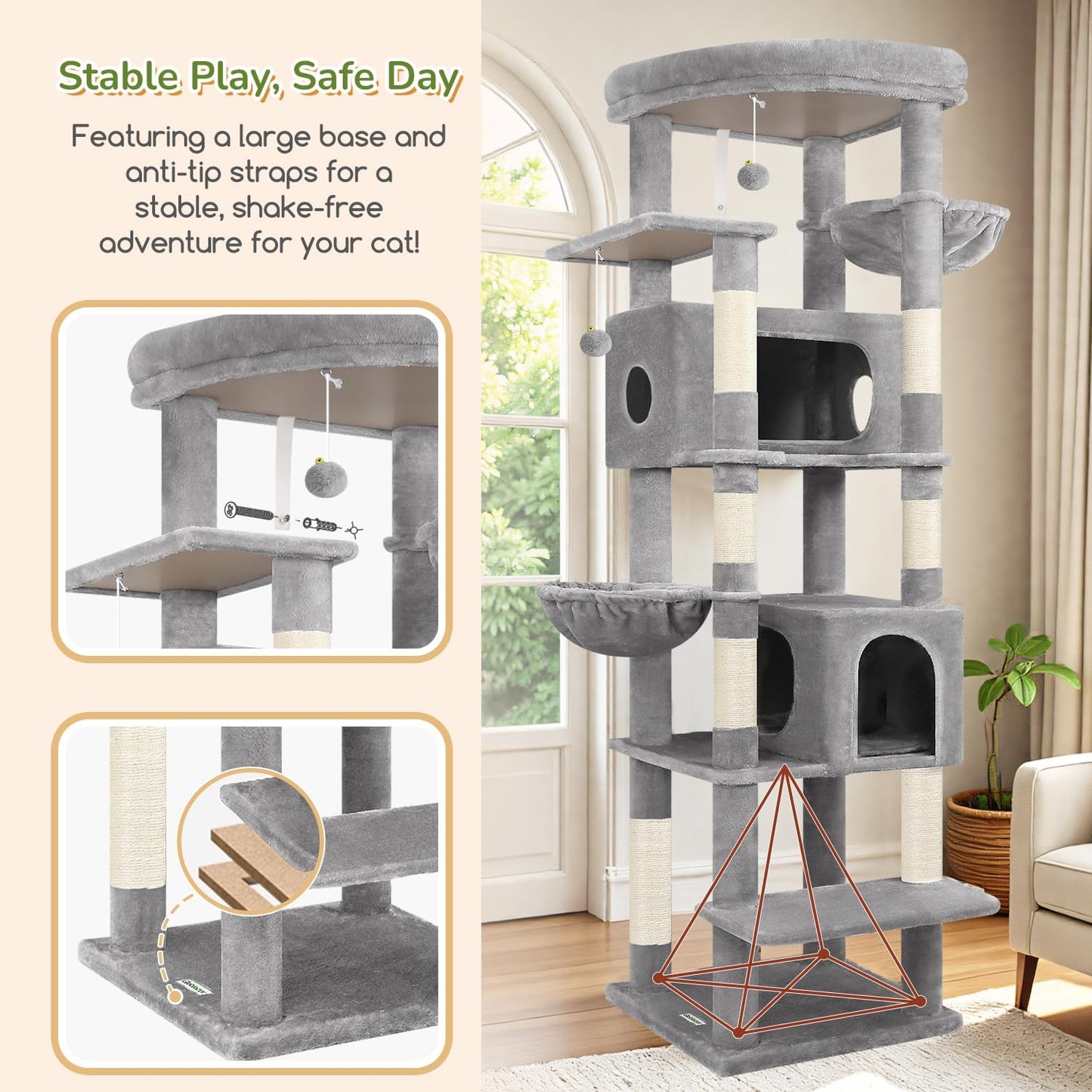 Cactus Heavy Duty Cat Tree, 74in Tall Sturdy Cat Tower for Large Cats Adult Big Cat Tree with 7 Scratching Posts, 2 Padded Spacious Condos, 2 Hanging Baskets, Enlarged Top Perch, S74, Green