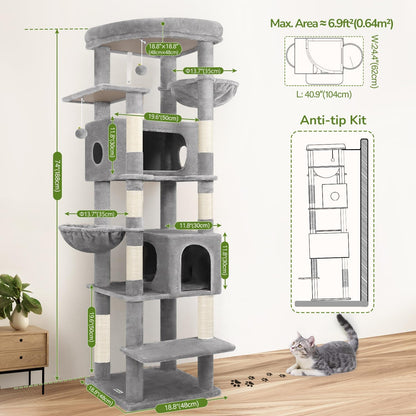 Cactus Heavy Duty Cat Tree, 74in Tall Sturdy Cat Tower for Large Cats Adult Big Cat Tree with 7 Scratching Posts, 2 Padded Spacious Condos, 2 Hanging Baskets, Enlarged Top Perch, S74, Green