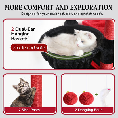 Cactus Heavy Duty Cat Tree, 74in Tall Sturdy Cat Tower for Large Cats Adult Big Cat Tree with 7 Scratching Posts, 2 Padded Spacious Condos, 2 Hanging Baskets, Enlarged Top Perch, S74, Green