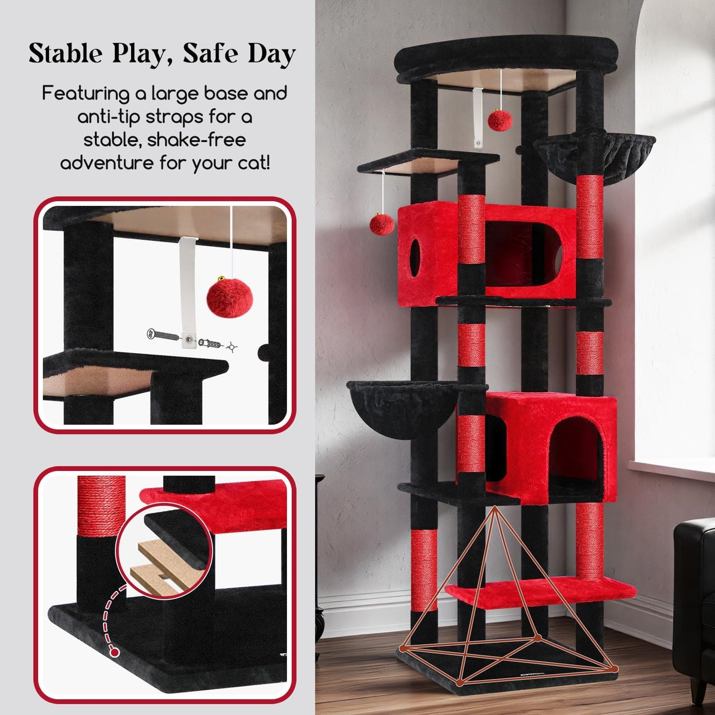 Cactus Heavy Duty Cat Tree, 74in Tall Sturdy Cat Tower for Large Cats Adult Big Cat Tree with 7 Scratching Posts, 2 Padded Spacious Condos, 2 Hanging Baskets, Enlarged Top Perch, S74, Green