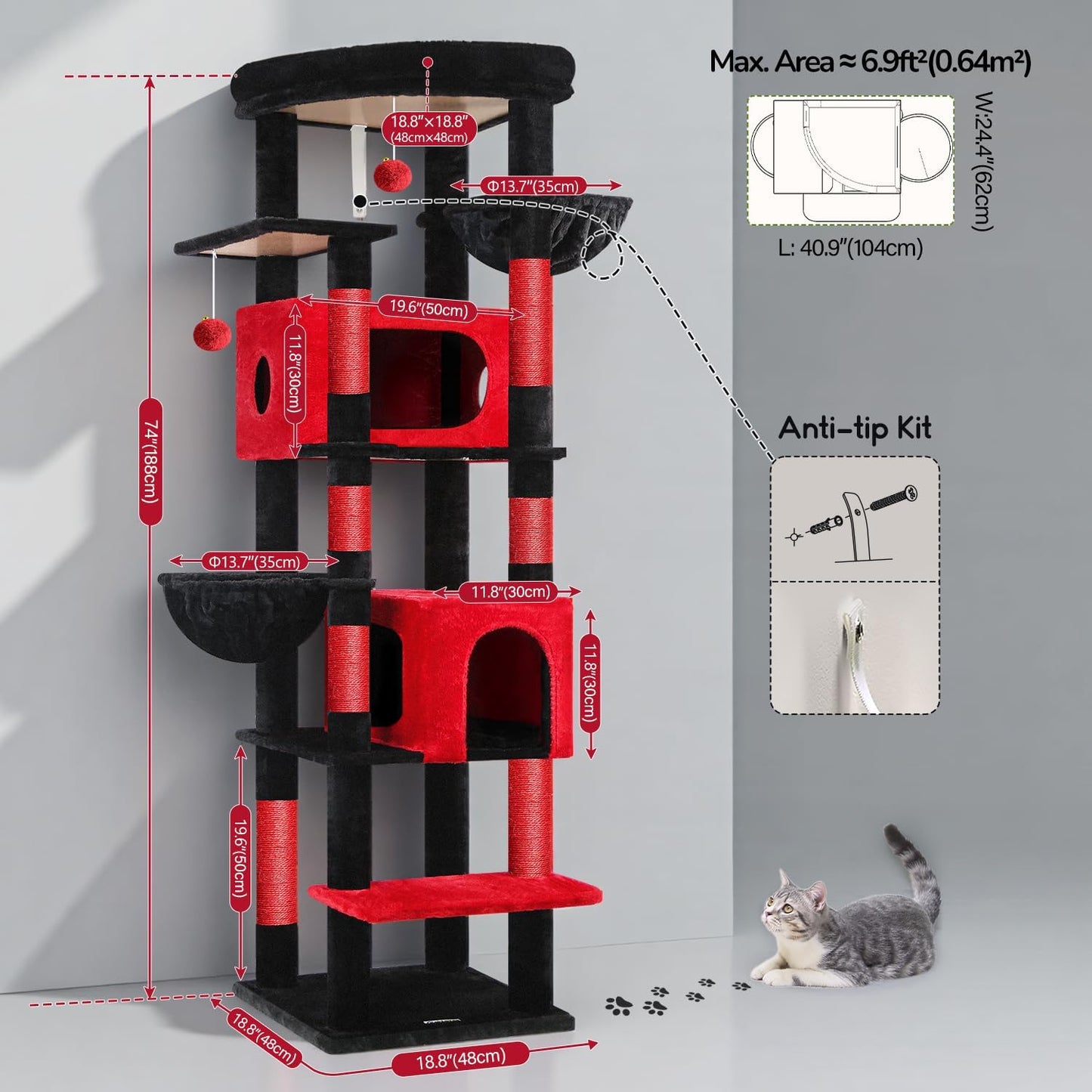 Cactus Heavy Duty Cat Tree, 74in Tall Sturdy Cat Tower for Large Cats Adult Big Cat Tree with 7 Scratching Posts, 2 Padded Spacious Condos, 2 Hanging Baskets, Enlarged Top Perch, S74, Green