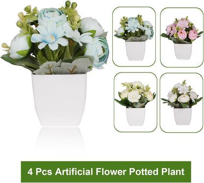 4Packs Small Fake Plant Mini Flower Potted Plants with Camellia for Home Indoor Outdoor Small Decorations