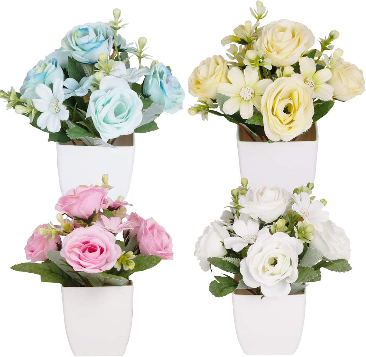 4Packs Small Fake Plant Mini Flower Potted Plants with Camellia for Home Indoor Outdoor Small Decorations