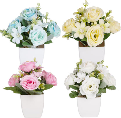 4Packs Small Fake Plant Mini Flower Potted Plants with Camellia for Home Indoor Outdoor Small Decorations