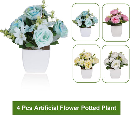 4Packs Small Fake Plant Mini Flower Potted Plants with Camellia for Home Indoor Outdoor Small Decorations