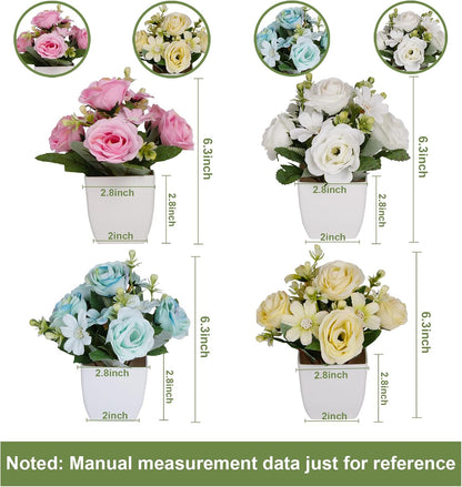 4Packs Small Fake Plant Mini Flower Potted Plants with Camellia for Home Indoor Outdoor Small Decorations
