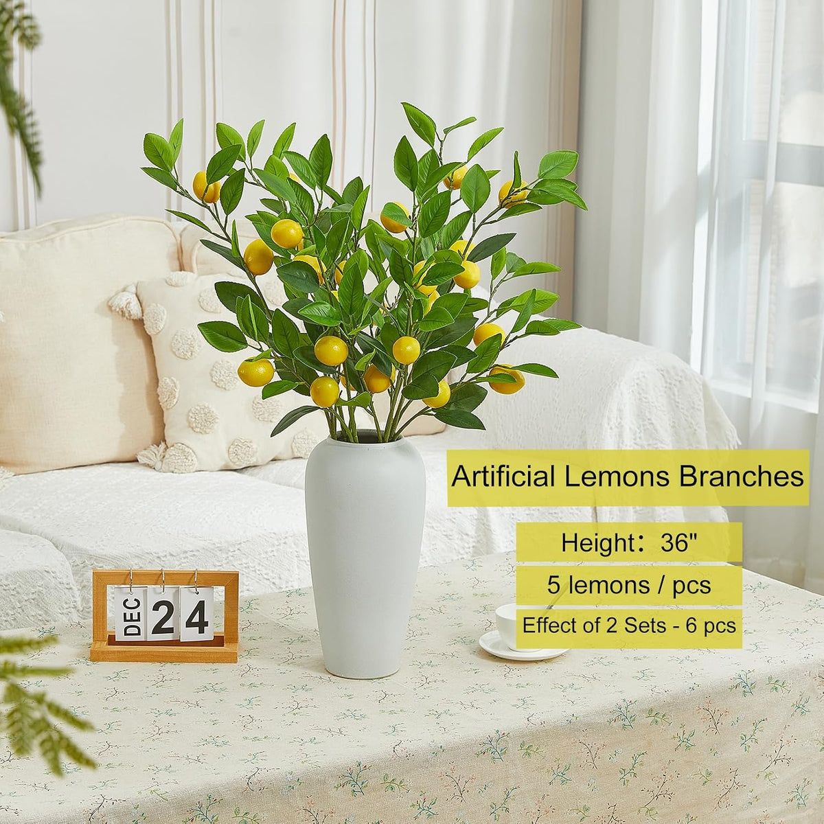 36 Inch Artificial Lemon Branches for Vases Greenery Stems with Faux Fruits Realistic Lifelike Fake Lemon Tree Branch for Home, Dining Table, Kitchen Decor
