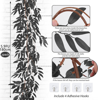 Artificial Willow Leaves Vine Twigs 2Pcs 6.2Ft Fake Hanging Plant Silk Leaf Ivy Garland Faux Italian Ruscus Greenery Indoor Outdoor Wedding Arch Jungle Beach Birthday Party Garden Decor