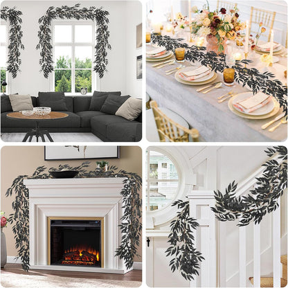 Artificial Willow Leaves Vine Twigs 2Pcs 6.2Ft Fake Hanging Plant Silk Leaf Ivy Garland Faux Italian Ruscus Greenery Indoor Outdoor Wedding Arch Jungle Beach Birthday Party Garden Decor