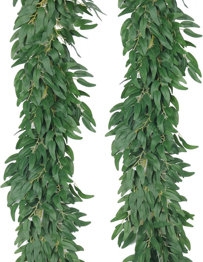 Artificial Willow Leaves Vine Twigs 2Pcs 6.2Ft Fake Hanging Plant Silk Leaf Ivy Garland Faux Italian Ruscus Greenery Indoor Outdoor Wedding Arch Jungle Beach Birthday Party Garden Decor