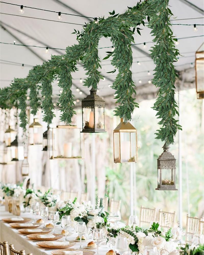 Artificial Willow Leaves Vine Twigs 2Pcs 6.2Ft Fake Hanging Plant Silk Leaf Ivy Garland Faux Italian Ruscus Greenery Indoor Outdoor Wedding Arch Jungle Beach Birthday Party Garden Decor