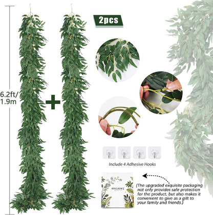 Artificial Willow Leaves Vine Twigs 2Pcs 6.2Ft Fake Hanging Plant Silk Leaf Ivy Garland Faux Italian Ruscus Greenery Indoor Outdoor Wedding Arch Jungle Beach Birthday Party Garden Decor