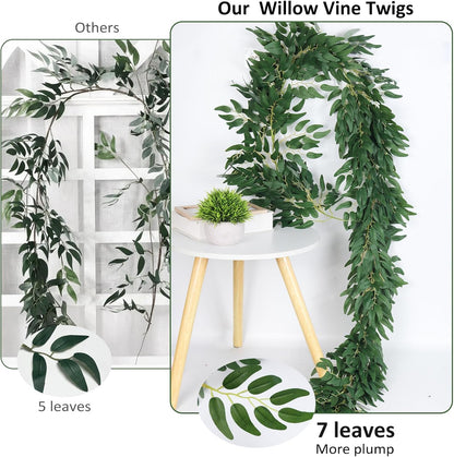 Artificial Willow Leaves Vine Twigs 2Pcs 6.2Ft Fake Hanging Plant Silk Leaf Ivy Garland Faux Italian Ruscus Greenery Indoor Outdoor Wedding Arch Jungle Beach Birthday Party Garden Decor