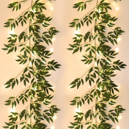 Artificial Willow Leaves Vine Twigs 2Pcs 6.2Ft Fake Hanging Plant Silk Leaf Ivy Garland Faux Italian Ruscus Greenery Indoor Outdoor Wedding Arch Jungle Beach Birthday Party Garden Decor