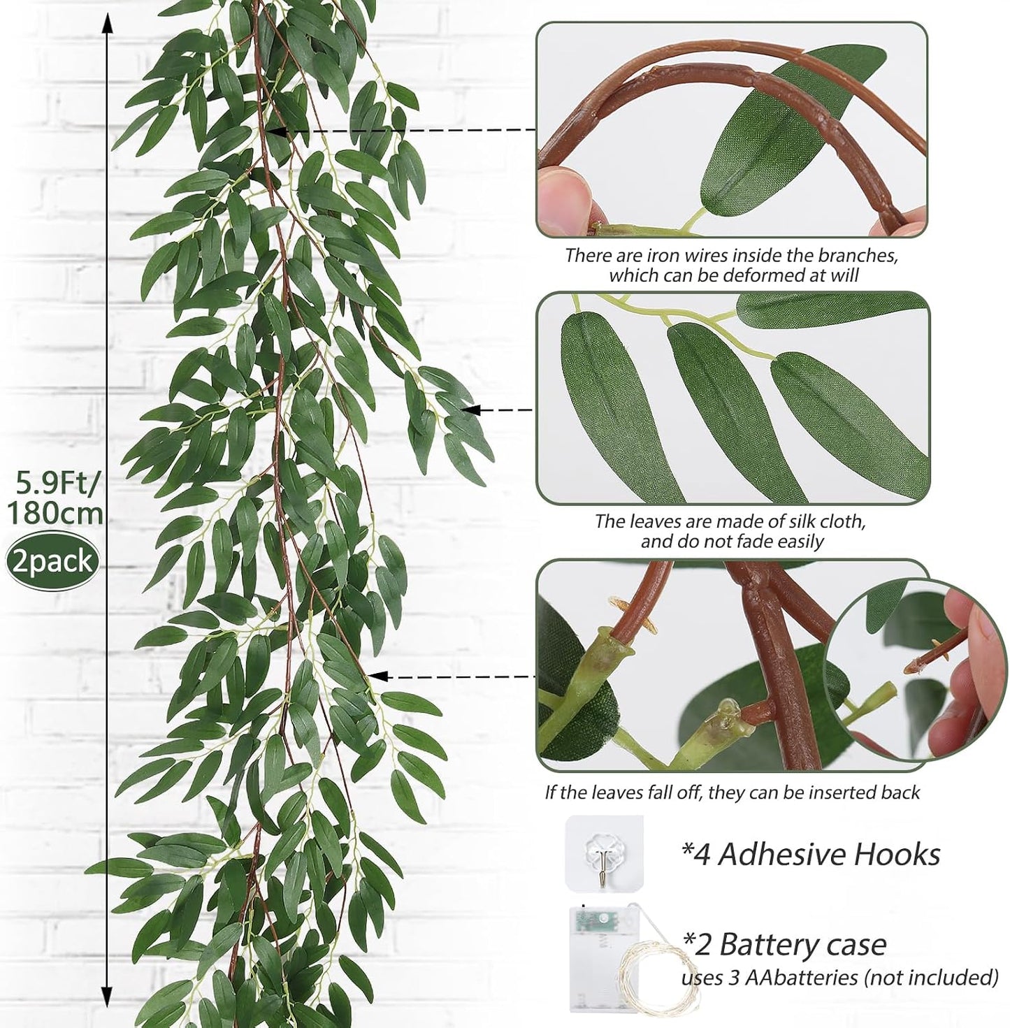 Artificial Willow Leaves Vine Twigs 2Pcs 6.2Ft Fake Hanging Plant Silk Leaf Ivy Garland Faux Italian Ruscus Greenery Indoor Outdoor Wedding Arch Jungle Beach Birthday Party Garden Decor