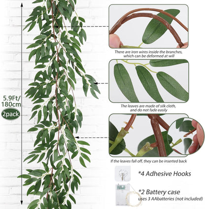 Artificial Willow Leaves Vine Twigs 2Pcs 6.2Ft Fake Hanging Plant Silk Leaf Ivy Garland Faux Italian Ruscus Greenery Indoor Outdoor Wedding Arch Jungle Beach Birthday Party Garden Decor
