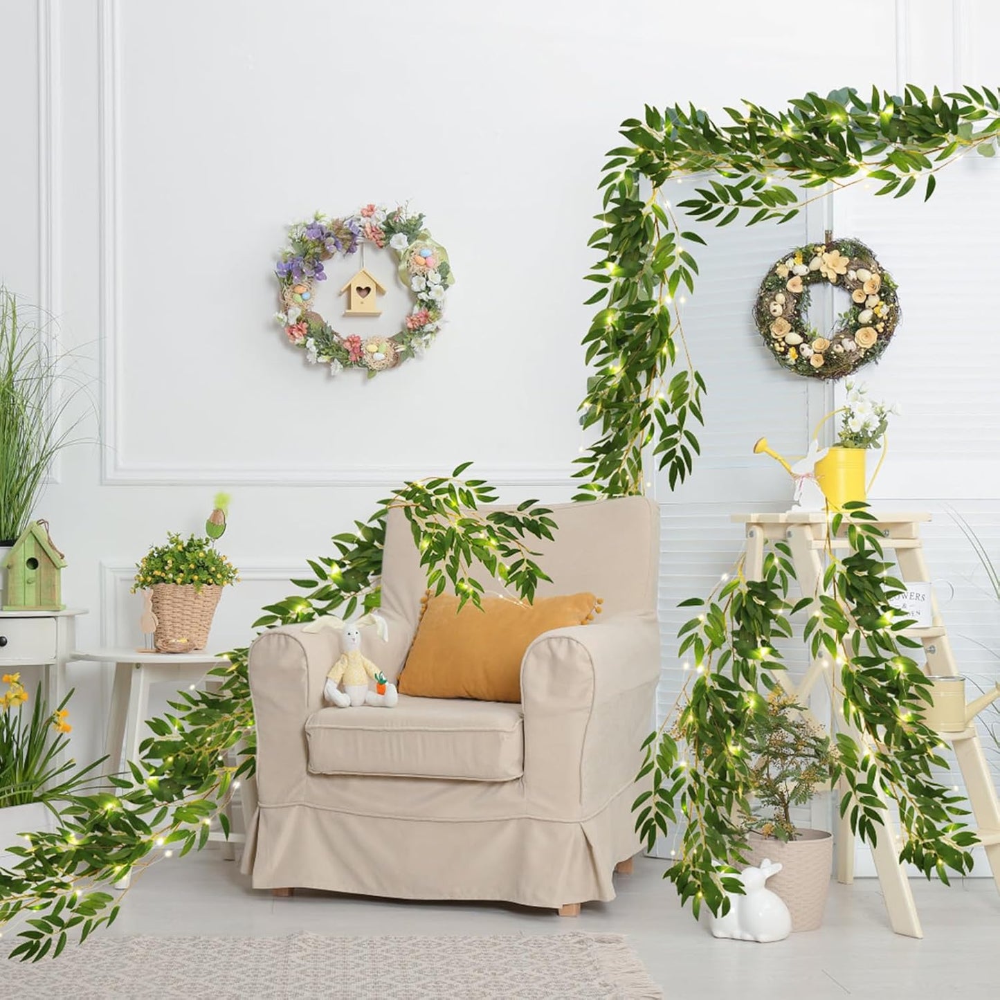 Artificial Willow Leaves Vine Twigs 2Pcs 6.2Ft Fake Hanging Plant Silk Leaf Ivy Garland Faux Italian Ruscus Greenery Indoor Outdoor Wedding Arch Jungle Beach Birthday Party Garden Decor