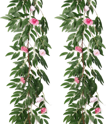 Artificial Willow Leaves Vine Twigs 2Pcs 6.2Ft Fake Hanging Plant Silk Leaf Ivy Garland Faux Italian Ruscus Greenery Indoor Outdoor Wedding Arch Jungle Beach Birthday Party Garden Decor