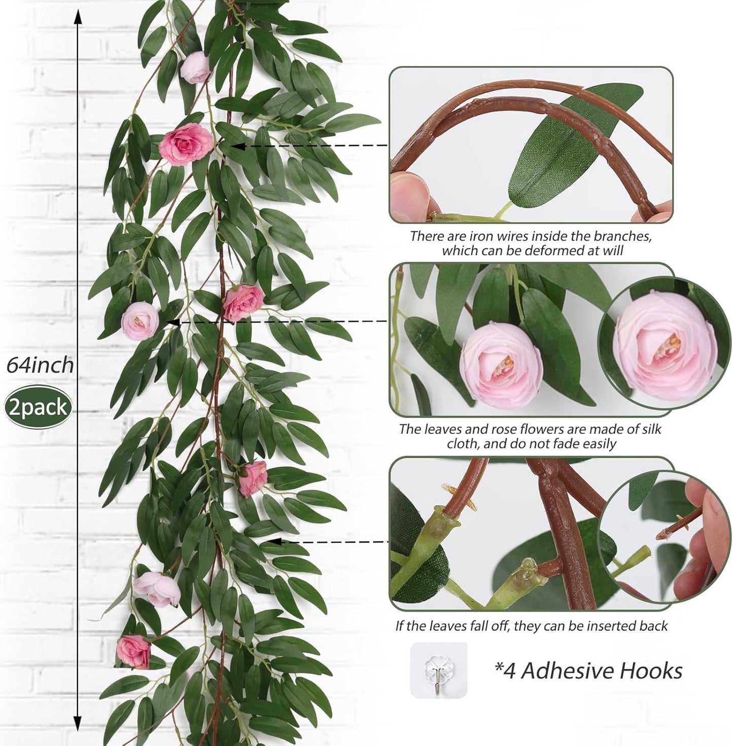 Artificial Willow Leaves Vine Twigs 2Pcs 6.2Ft Fake Hanging Plant Silk Leaf Ivy Garland Faux Italian Ruscus Greenery Indoor Outdoor Wedding Arch Jungle Beach Birthday Party Garden Decor