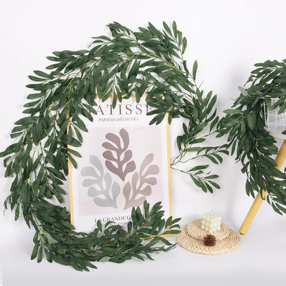 Artificial Willow Leaves Vine Twigs 2Pcs 6.2Ft Fake Hanging Plant Silk Leaf Ivy Garland Faux Italian Ruscus Greenery Indoor Outdoor Wedding Arch Jungle Beach Birthday Party Garden Decor