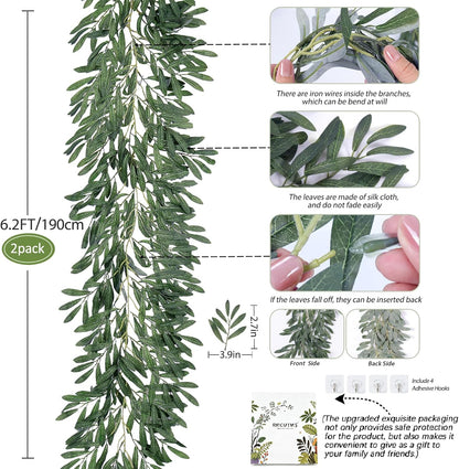 Artificial Willow Leaves Vine Twigs 2Pcs 6.2Ft Fake Hanging Plant Silk Leaf Ivy Garland Faux Italian Ruscus Greenery Indoor Outdoor Wedding Arch Jungle Beach Birthday Party Garden Decor