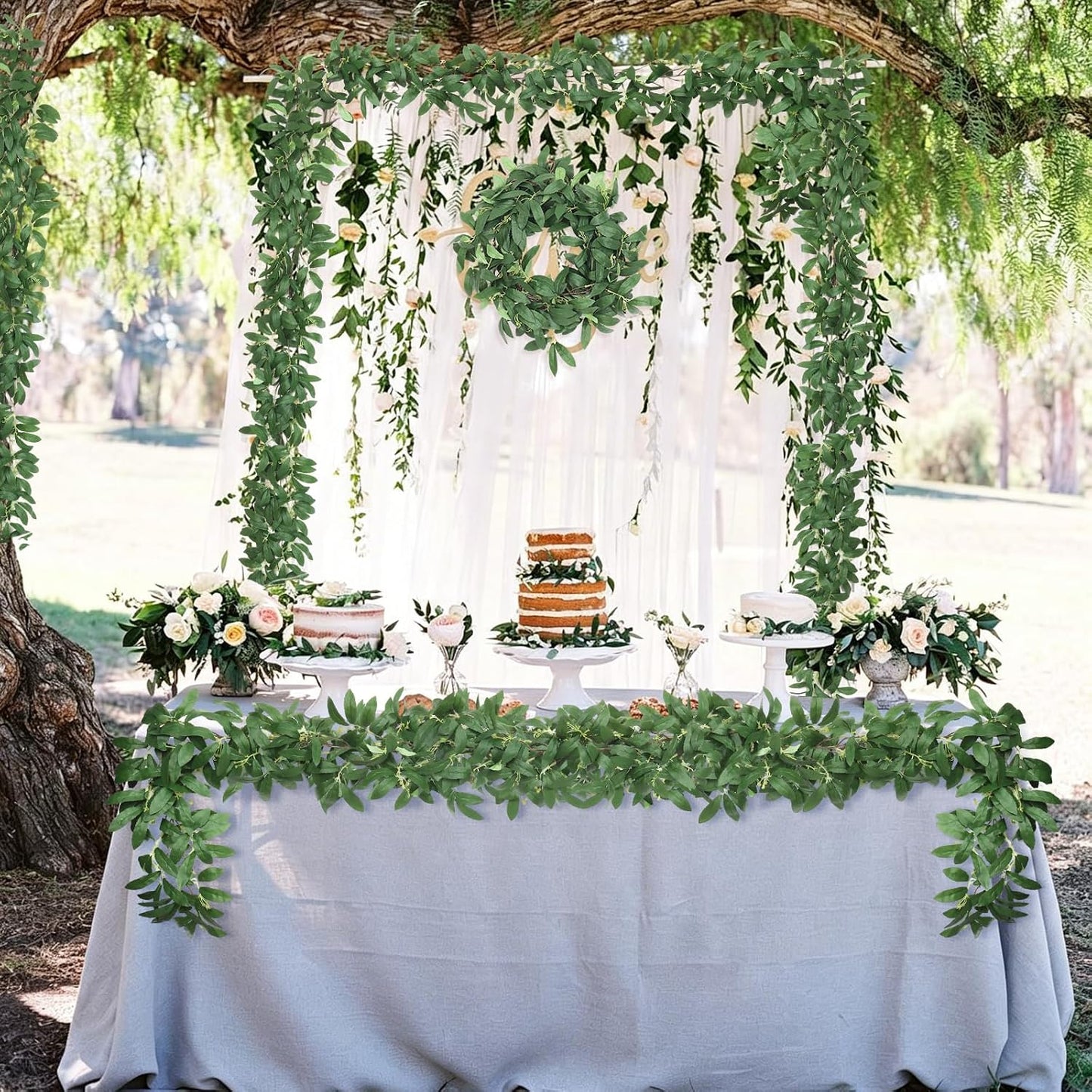 Artificial Willow Leaves Vine Twigs 2Pcs 6.2Ft Fake Hanging Plant Silk Leaf Ivy Garland Faux Italian Ruscus Greenery Indoor Outdoor Wedding Arch Jungle Beach Birthday Party Garden Decor