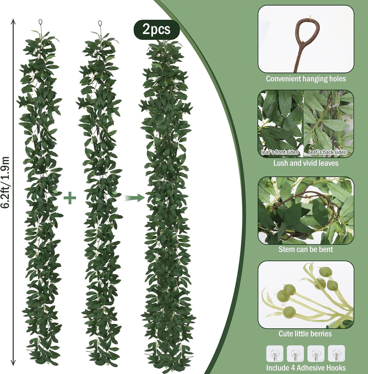 Artificial Willow Leaves Vine Twigs 2Pcs 6.2Ft Fake Hanging Plant Silk Leaf Ivy Garland Faux Italian Ruscus Greenery Indoor Outdoor Wedding Arch Jungle Beach Birthday Party Garden Decor