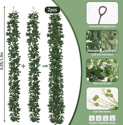 Artificial Willow Leaves Vine Twigs 2Pcs 6.2Ft Fake Hanging Plant Silk Leaf Ivy Garland Faux Italian Ruscus Greenery Indoor Outdoor Wedding Arch Jungle Beach Birthday Party Garden Decor