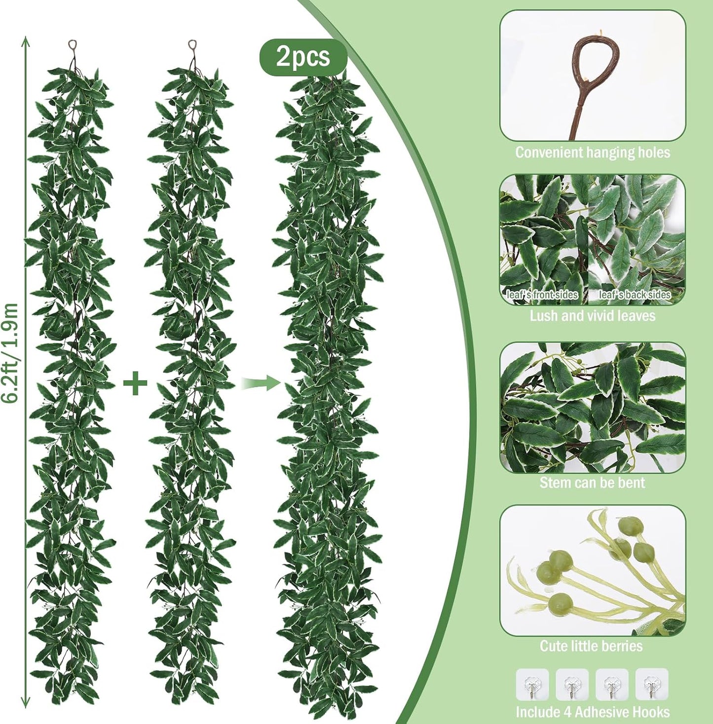 Artificial Willow Leaves Vine Twigs 2Pcs 6.2Ft Fake Hanging Plant Silk Leaf Ivy Garland Faux Italian Ruscus Greenery Indoor Outdoor Wedding Arch Jungle Beach Birthday Party Garden Decor