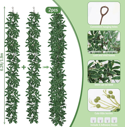 Artificial Willow Leaves Vine Twigs 2Pcs 6.2Ft Fake Hanging Plant Silk Leaf Ivy Garland Faux Italian Ruscus Greenery Indoor Outdoor Wedding Arch Jungle Beach Birthday Party Garden Decor