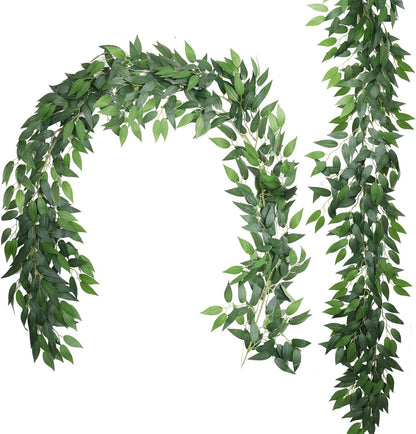 Artificial Willow Leaves Vine Twigs 2Pcs 6.2Ft Fake Hanging Plant Silk Leaf Ivy Garland Faux Italian Ruscus Greenery Indoor Outdoor Wedding Arch Jungle Beach Birthday Party Garden Decor