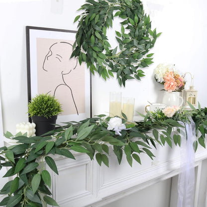 Artificial Willow Leaves Vine Twigs 2Pcs 6.2Ft Fake Hanging Plant Silk Leaf Ivy Garland Faux Italian Ruscus Greenery Indoor Outdoor Wedding Arch Jungle Beach Birthday Party Garden Decor