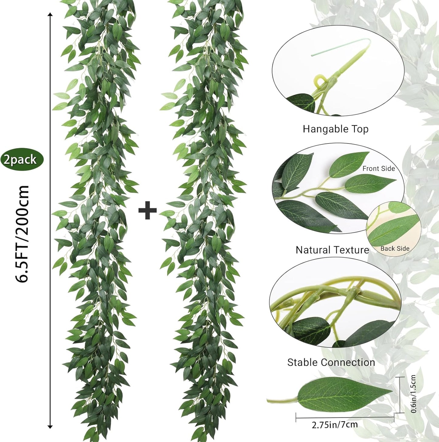 Artificial Willow Leaves Vine Twigs 2Pcs 6.2Ft Fake Hanging Plant Silk Leaf Ivy Garland Faux Italian Ruscus Greenery Indoor Outdoor Wedding Arch Jungle Beach Birthday Party Garden Decor