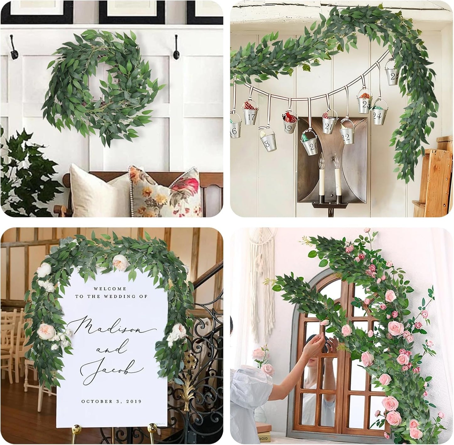 Artificial Willow Leaves Vine Twigs 2Pcs 6.2Ft Fake Hanging Plant Silk Leaf Ivy Garland Faux Italian Ruscus Greenery Indoor Outdoor Wedding Arch Jungle Beach Birthday Party Garden Decor