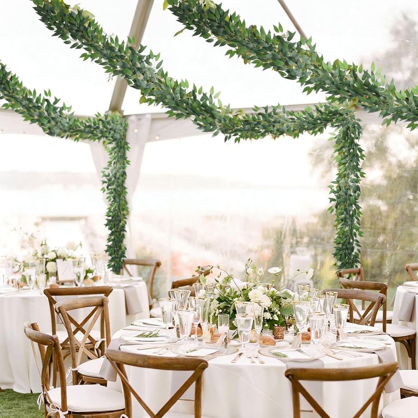 Artificial Willow Leaves Vine Twigs 2Pcs 6.2Ft Fake Hanging Plant Silk Leaf Ivy Garland Faux Italian Ruscus Greenery Indoor Outdoor Wedding Arch Jungle Beach Birthday Party Garden Decor