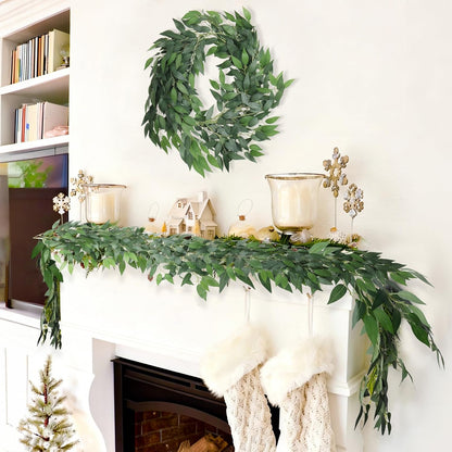 Artificial Willow Leaves Vine Twigs 2Pcs 6.2Ft Fake Hanging Plant Silk Leaf Ivy Garland Faux Italian Ruscus Greenery Indoor Outdoor Wedding Arch Jungle Beach Birthday Party Garden Decor