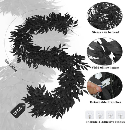 Artificial Willow Leaves Vine Twigs 2Pcs 6.2Ft Fake Hanging Plant Silk Leaf Ivy Garland Faux Italian Ruscus Greenery Indoor Outdoor Wedding Arch Jungle Beach Birthday Party Garden Decor