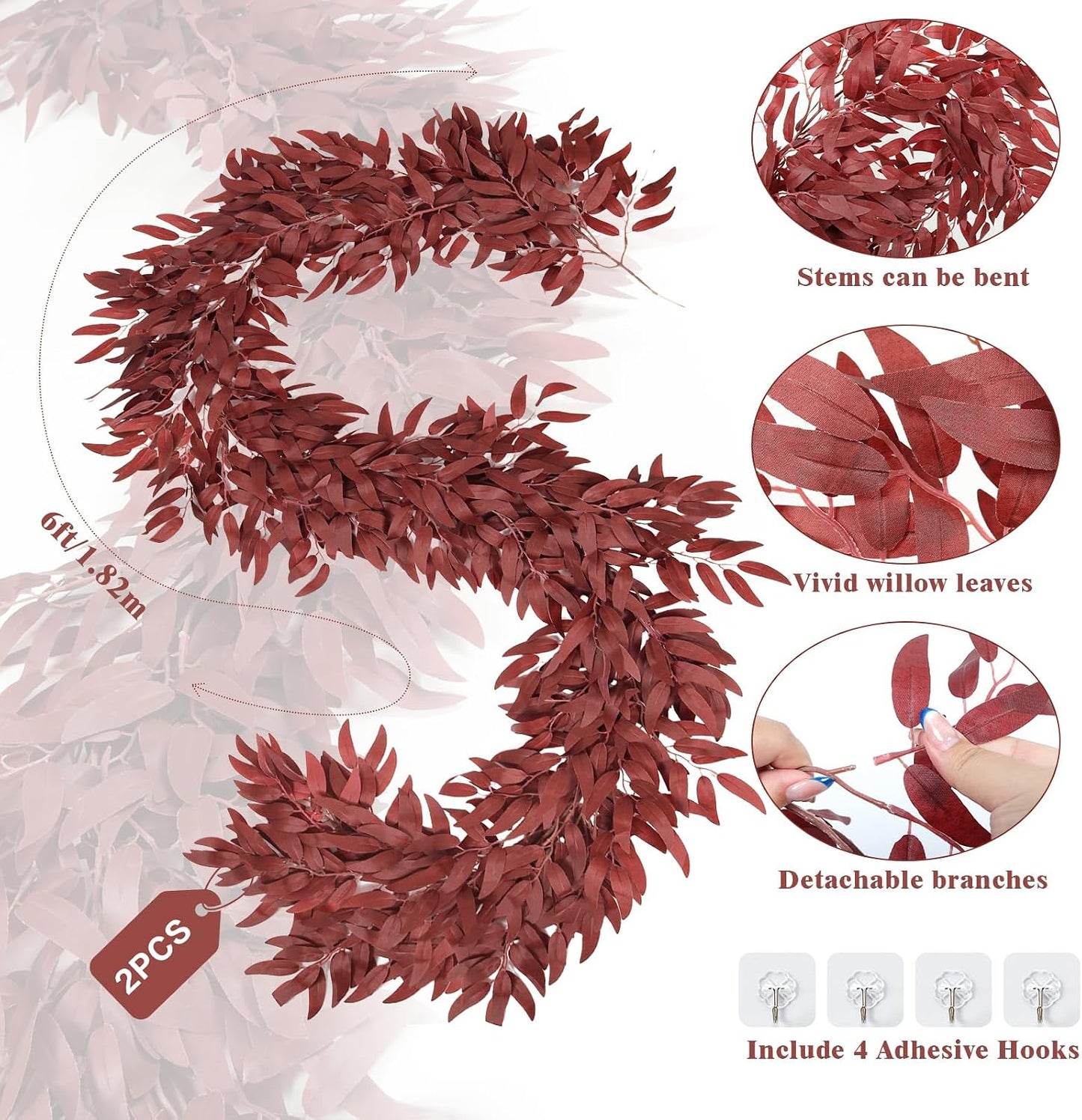 Artificial Willow Leaves Vine Twigs 2Pcs 6.2Ft Fake Hanging Plant Silk Leaf Ivy Garland Faux Italian Ruscus Greenery Indoor Outdoor Wedding Arch Jungle Beach Birthday Party Garden Decor