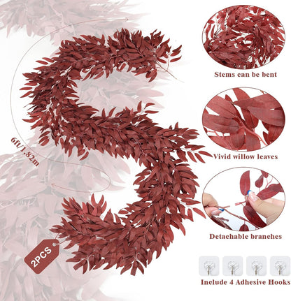 Artificial Willow Leaves Vine Twigs 2Pcs 6.2Ft Fake Hanging Plant Silk Leaf Ivy Garland Faux Italian Ruscus Greenery Indoor Outdoor Wedding Arch Jungle Beach Birthday Party Garden Decor