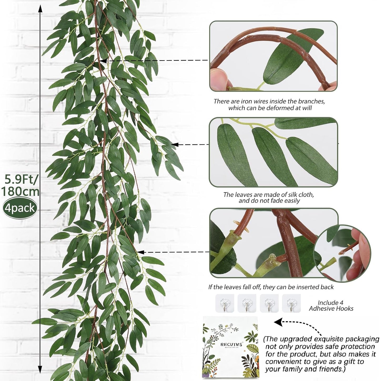 Artificial Willow Leaves Vine Twigs 2Pcs 6.2Ft Fake Hanging Plant Silk Leaf Ivy Garland Faux Italian Ruscus Greenery Indoor Outdoor Wedding Arch Jungle Beach Birthday Party Garden Decor