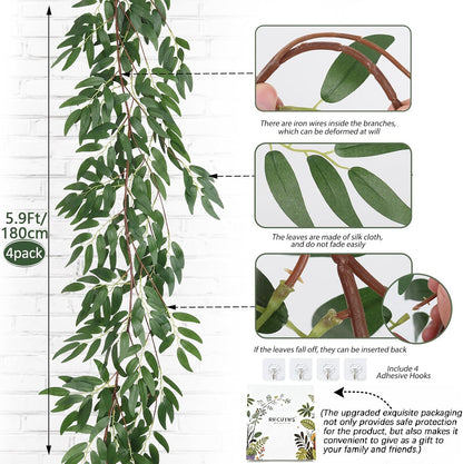 Artificial Willow Leaves Vine Twigs 2Pcs 6.2Ft Fake Hanging Plant Silk Leaf Ivy Garland Faux Italian Ruscus Greenery Indoor Outdoor Wedding Arch Jungle Beach Birthday Party Garden Decor