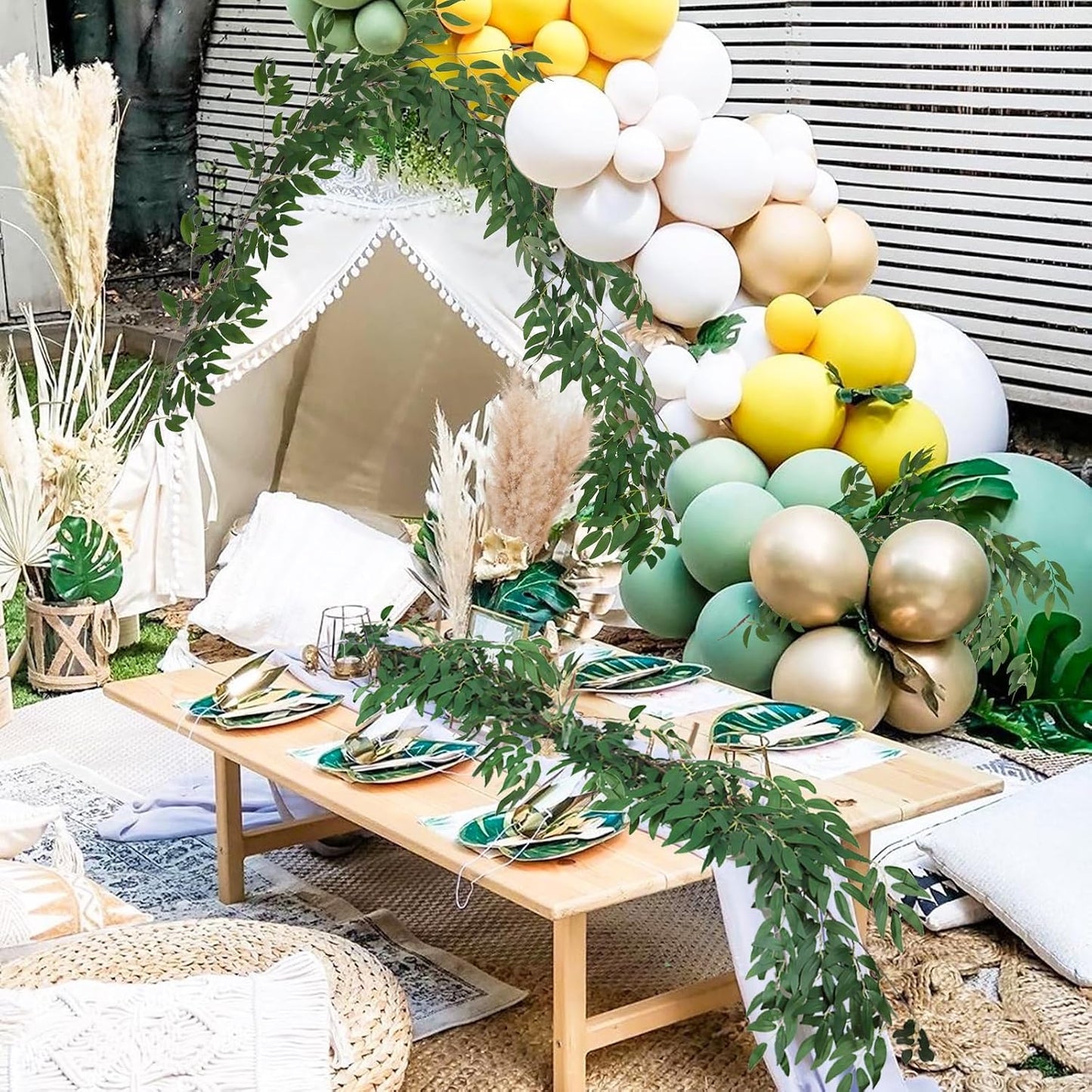 Artificial Willow Leaves Vine Twigs 2Pcs 6.2Ft Fake Hanging Plant Silk Leaf Ivy Garland Faux Italian Ruscus Greenery Indoor Outdoor Wedding Arch Jungle Beach Birthday Party Garden Decor